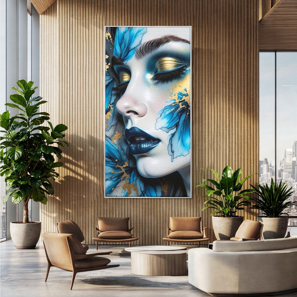 Tablou canvas cu tablou canvas cu portret feminin si flori albastre, in rama de aluminiu argintiu, pe perete intr-un birou